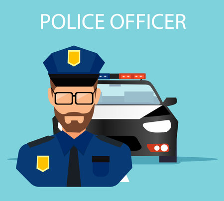 Vector of a man police officer with a service car on a background. のイラスト素材