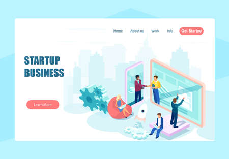Startup business concept. Vector web page design for website of businesspeople working, collaborating on a technology projectのイラスト素材