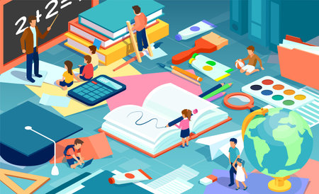 Isometric vector of a teacher explaning class and children learning and playing together surrounded...