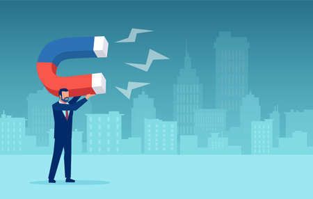 Vector of a businessman or politician holding a magnet on a cityscape background のイラスト素材