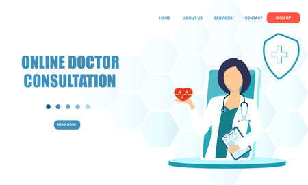 Online consultation doctor concept. Vector of female physician advising on health via Internet. のイラスト素材