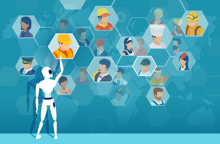 Vector of a robot being involved in search and recruitmet of a job candidate