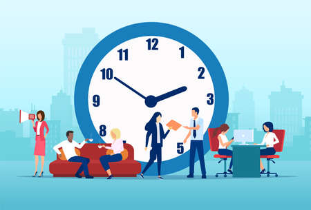 Time management concept. Vector of business people teamworking in company office on a cityskape and clock backgroundのイラスト素材
