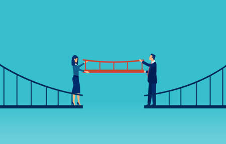 Cooperation concept. Vector of a businessman and a businesswoman connecting the bridge with a missing partのイラスト素材