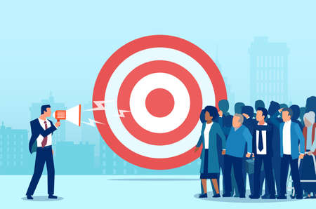 Vector of a businessman making an announcement in megaphone to a targeted audience attracting new shoppers and customersのイラスト素材
