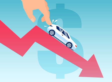 Vector of a man pushing down a car on a financial graph. Automobile depreciation conceptのイラスト素材