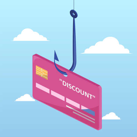 Fake discount bait concept. Vector of a discount credit card on a fishing hook isolated on a sky backgroundのイラスト素材