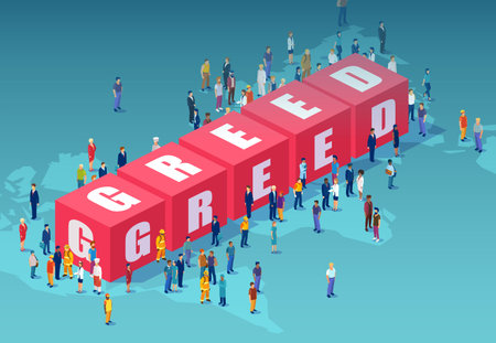 Vector of a crowd of people standing nearby 3d cube blocks building the word greed
