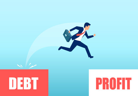 Vector of a businessman jumping from a debt zone to profitability