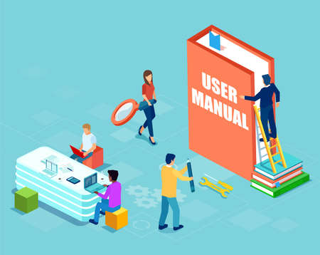 Vector of a business people team working in the office using user manualのイラスト素材