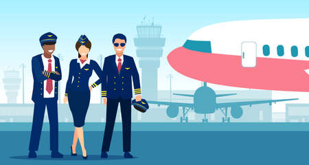 Vector of a flight team pilot, capitan and steward standing on a airplane backgroundのイラスト素材