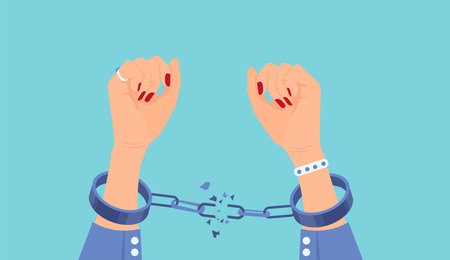 Vector of a woman breaking handcuffs enjoying freedom