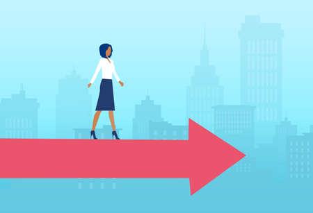 Vector of a businesswoman walking on a red arrow on a city scape backgroundのイラスト素材