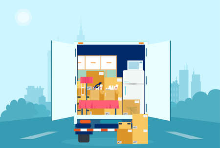Vector of a moving truck with cardboard boxes and furniture inside on cityscape backgroundのイラスト素材