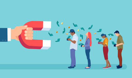 Vector of a big businessman holding a magnet attracting money from people wallets.のイラスト素材