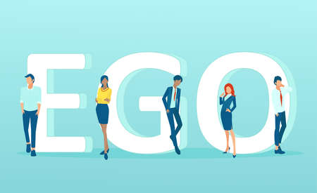 Vector of men and women standing by the word ego on blue backgroundのイラスト素材