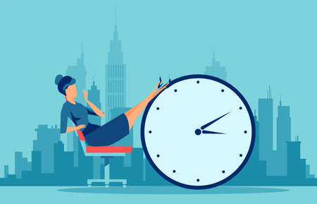 Vector of a young procrastinating business woman sitting in the office with her legs up on an alarm clock on a cityscape backgroundのイラスト素材