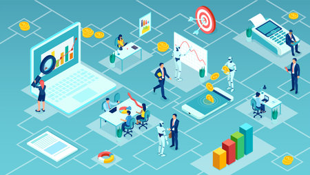 Vector of business people working together with robots on financial data analysis