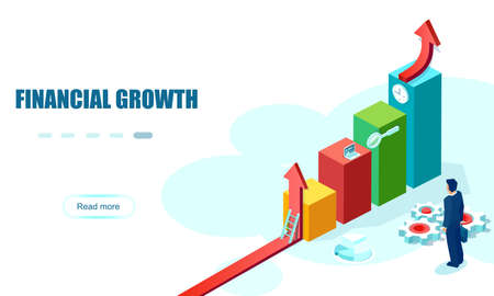 Vector of a businessman looking at a positive financial growth, rising up chart. Business analysis and  financial performance conceptのイラスト素材