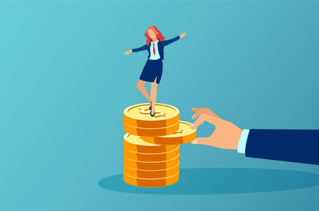 Vector of a big businessman hand pulling out a coin out of a pile with a balancing businesswoman on top of itのイラスト素材
