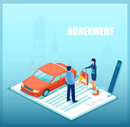 Vector of a sales woman handling car keys to a customer after loan approvalのイラスト素材