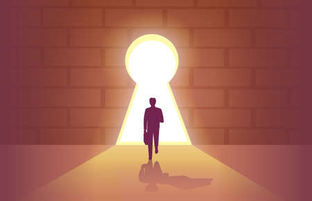 Vector of a brave businessman entering a door in a shape of a keyholeのイラスト素材