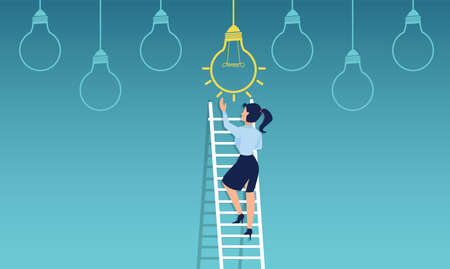 Vector of a businesswoman climbing up a ladder to reach bright idea light bulb on topのイラスト素材