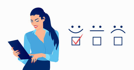 Vector of a businesswoman giving excellent rating for online satisfaction surveyのイラスト素材