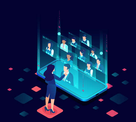 Vector of a businesswoman having a conference online call with her business team using modern technologyのイラスト素材