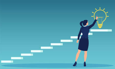 Vector of a businesswoman dreaming big drawing bright light bulb on top of a staircaseのイラスト素材
