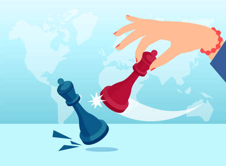 Vector of a female hand using a queen to kick a rival queen in chess game on world map backgroundのイラスト素材