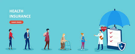 Vector of a doctor accepting insurance claims and advising good health practices to senior and young peopleのイラスト素材