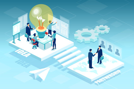 Vector of business people working in open space office brainstorming new ideas creating partnerships...