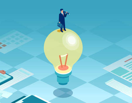 Vector of a businessman standing on a light bulb looking into telescopeのイラスト素材