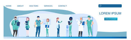 Vector of a diverse group of doctors standing in a hospital corridorのイラスト素材