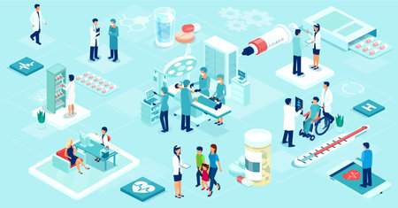 Vector of a team of doctors and nurses taking care of the patients inside the hospital and remotely via mobile appのイラスト素材