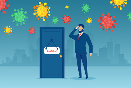 Vector of a confused businessman standing at a door with closed sign during COVID-19 pandemicのイラスト素材