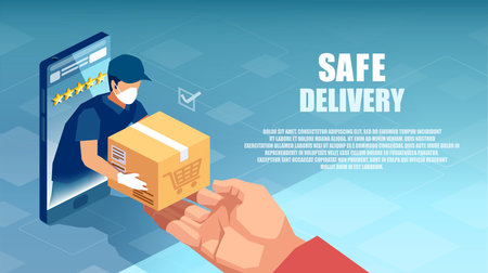 Vector of a delivery man in protective face mask and gloves giving a box to customer shopping onlineのイラスト素材