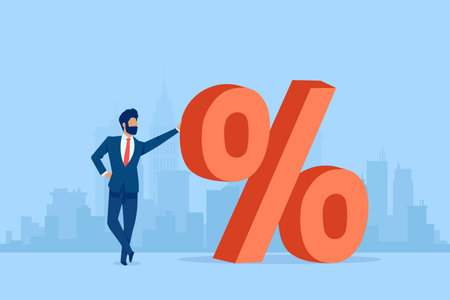 Vector of a businessman standing next to a red big percentage symbol on a cityscape backgroundのイラスト素材