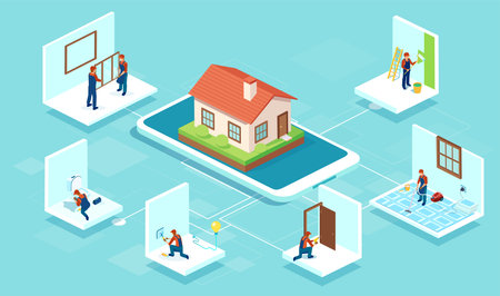 Home building and renovation services by professional team of construction men conceptのイラスト素材