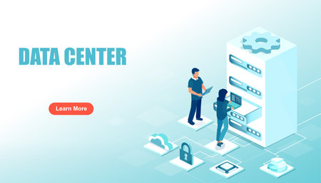 Data center concept. Vector of a technical support team maintain server equipment