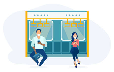 Vector of a young man and a woman in public transport wearing face masksのイラスト素材