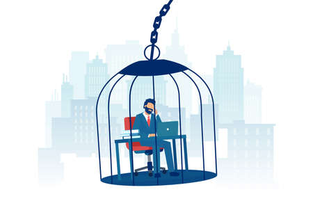 Vector of a sad businessman working at desk inside a birdcage on a city backgroundのイラスト素材