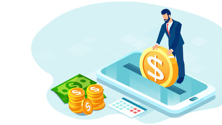 Vector of a businessman making money deposit via mobile appのイラスト素材