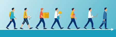 Career development concept. Vector of a young man acquiring new skills achieving new career goals