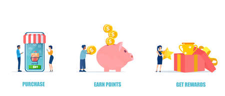 Vector of people shopping online earning reward points and gifts, through a marketing loyalty program.のイラスト素材
