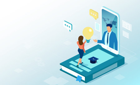 Vector of a student using online education app being advised by internet tutor