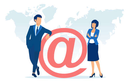Vector of a businessman and a businesswoman standing near an email symbolのイラスト素材