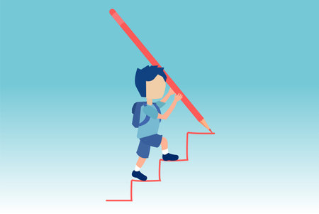 Vector of a young boy drawing rising up staircase with a huge pencil and climbing up the ladder.のイラスト素材