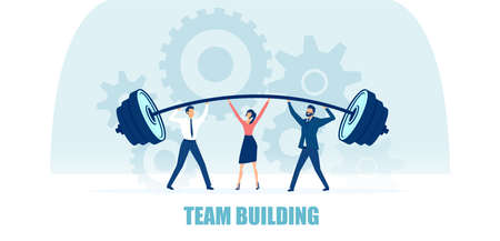 Vector of a business team two men and a woman lifting heavy bar together. Team building conceptのイラスト素材